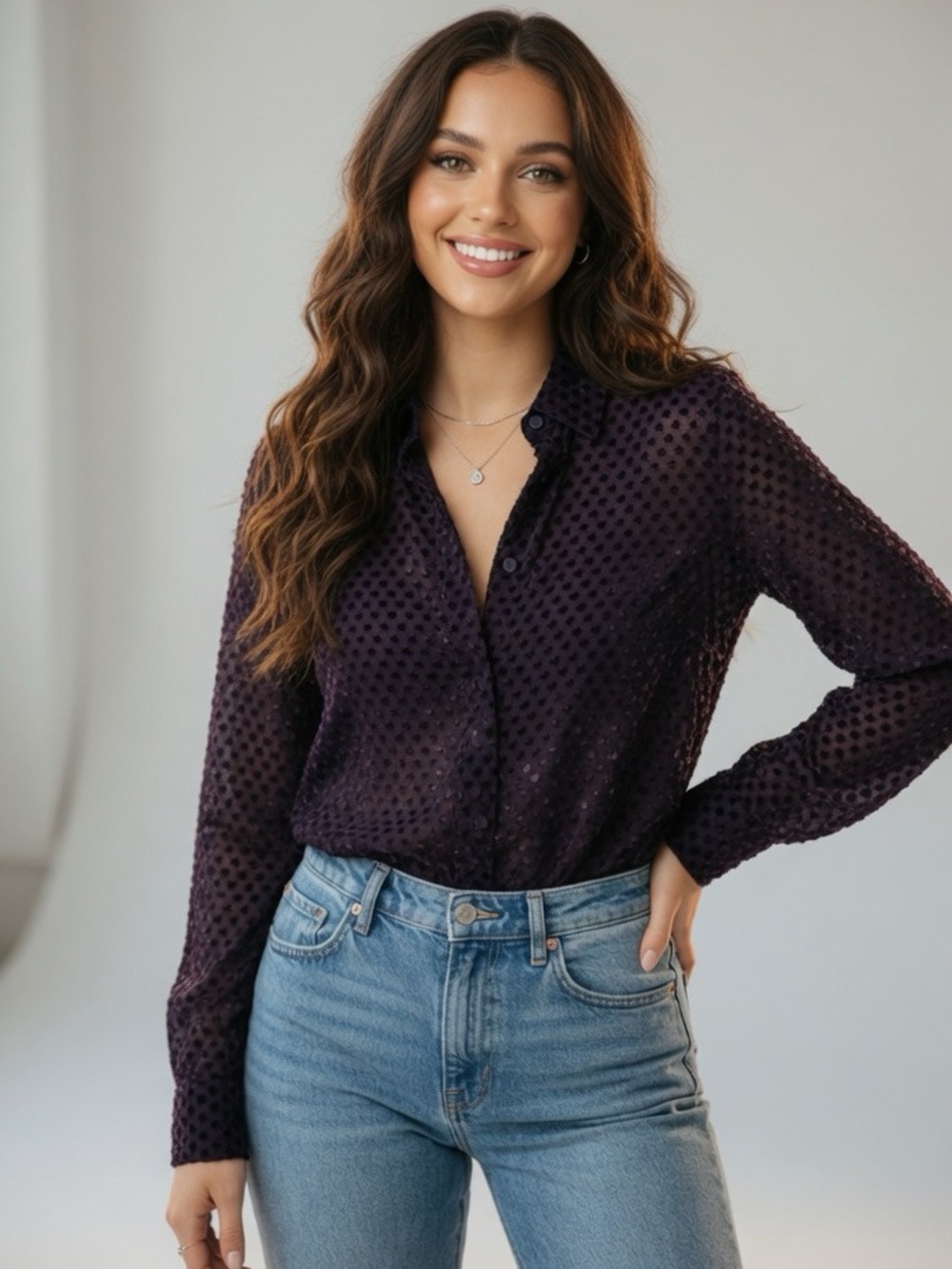 Equipment Silk Viscous Sheer Star-Print Button-Up Blouse - Plum XXS